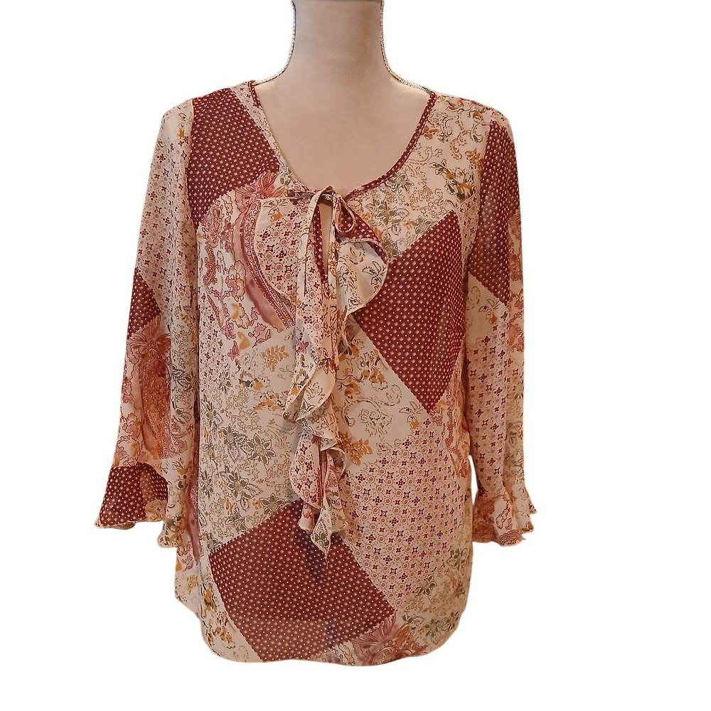 Apt 9 Womens Medium Patchwork Boho Blouse 3/4 Bell Sleeve Ruffle Tie Top Pink
